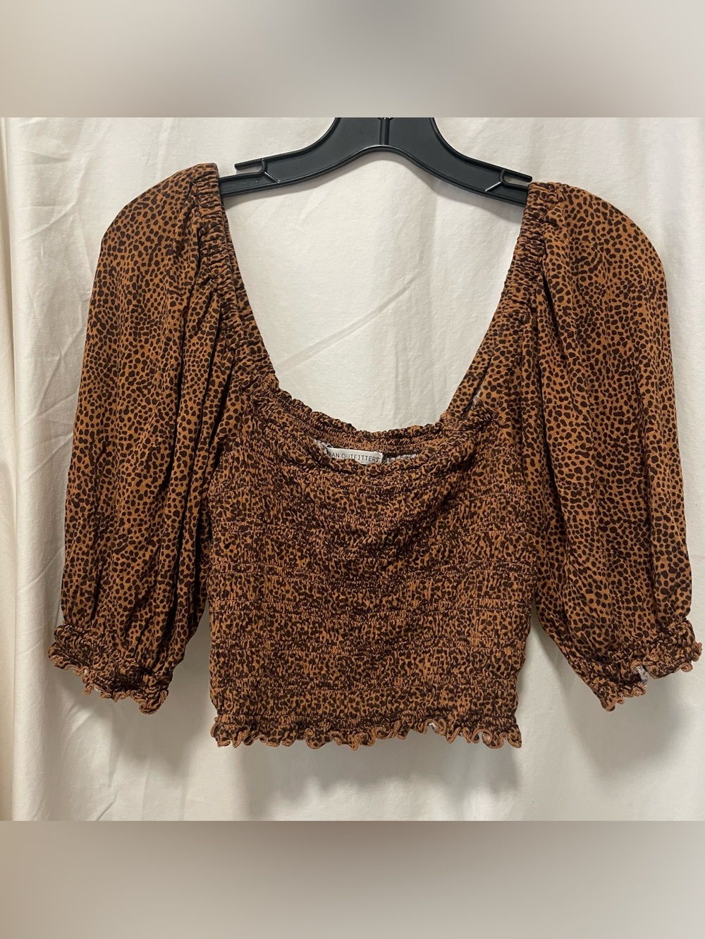 Urban Outfitters Brown Leopard Smocked Puff Sleeve Crop Top